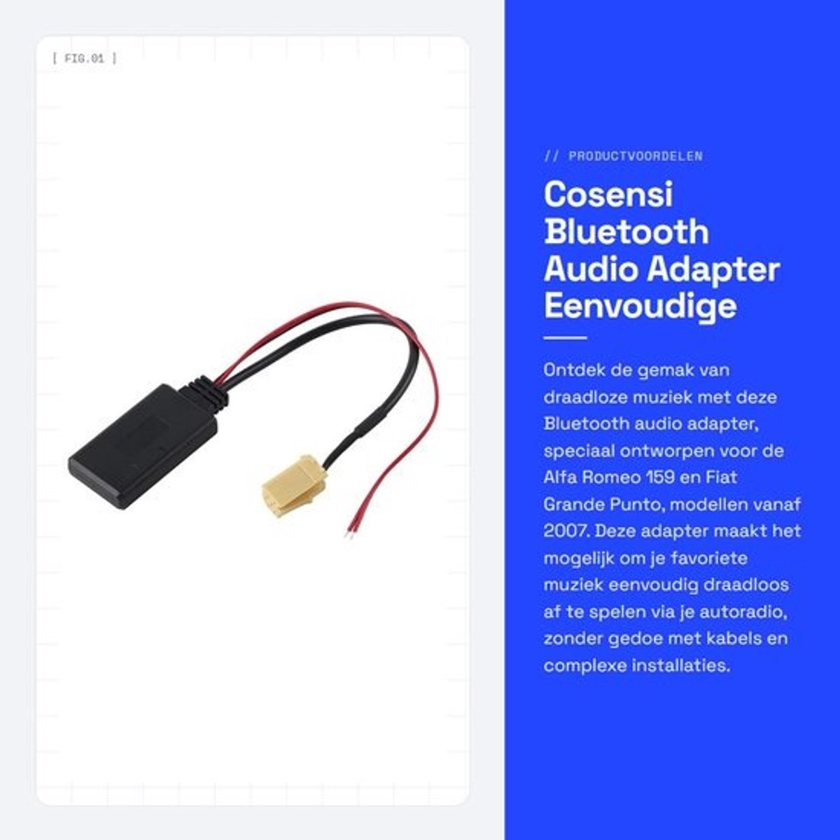 Dailygoods - Bluetooth audio-adapter - Eenvoudige installatie - Plug-and-play - Geschikt voor Alfa Romeo 159 en Fiat Grande Punto