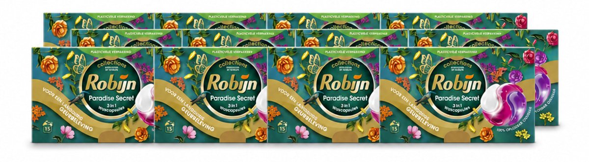 12 x Robijn – 3-in-1 Wascapsules – Paradise Secret - 15 Capsules - Voordeelverpakking - 12 stuks