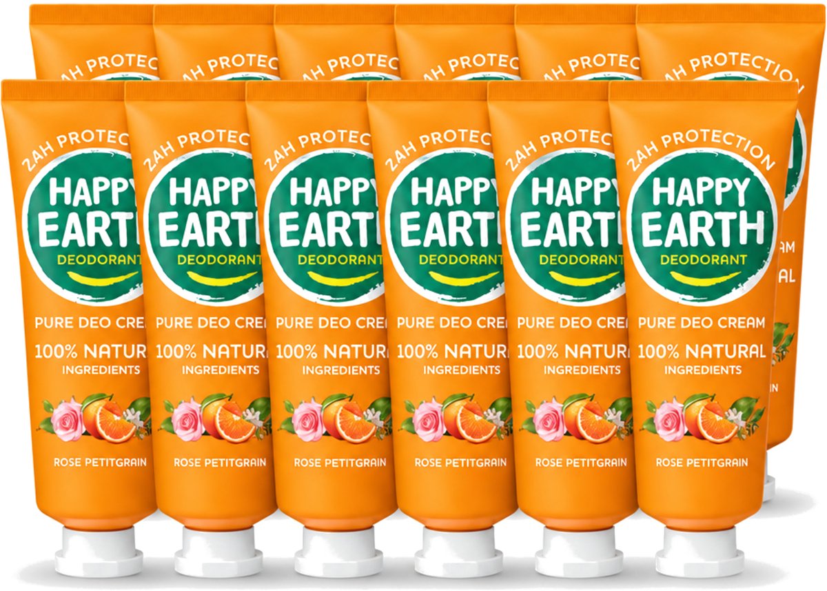 12 x Happy Earth – Deodorant Cream – 100% Natuurlijk Rose Petitgrain – 40 ml - Voordeelverpakking - 12 stuks