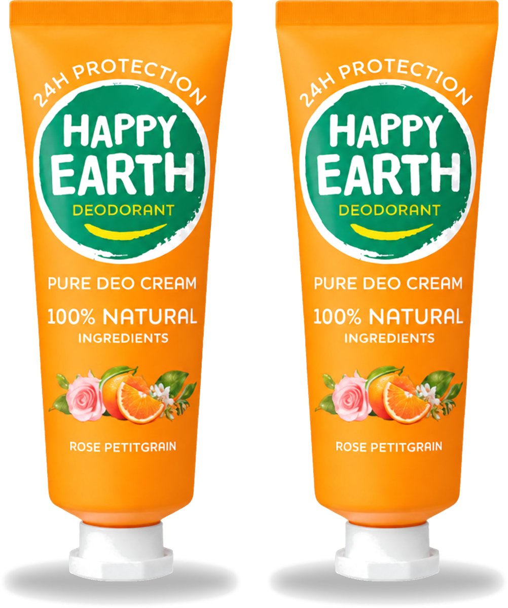 2 x Happy Earth – Deodorant Cream – 100% Natuurlijk Rose Petitgrain – 40 ml - Voordeelverpakking - 2 stuks