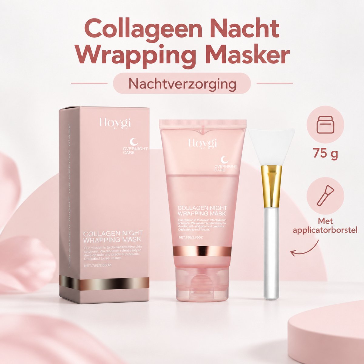Hoygi Collageen Nachtmasker 75 g – Peel-Off Wrapping Mask voor Gezicht – Hydraterend Nachtmasker met Collageen – Voor een Zachte, Gladde en Verzorgde Huid – Inclusief Applicatorborstel – Geschikt voor Dagelijkse Huidverzorging en Alle Huidtypes