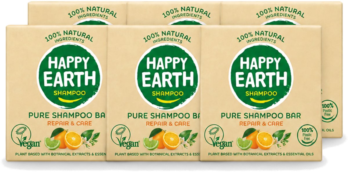 6 x Happy Earth – Shampoo Bar – 100% Natuurlijk Repair & Care – 70 g - Voordeelverpakking - 6 stuks