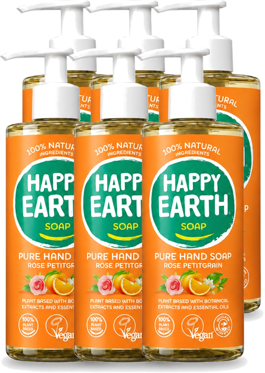 6 x Happy Earth – Handzeep – 100% Natuurlijk Rose Petitgrain – 300 ml - Voordeelverpakking - 6 stuks