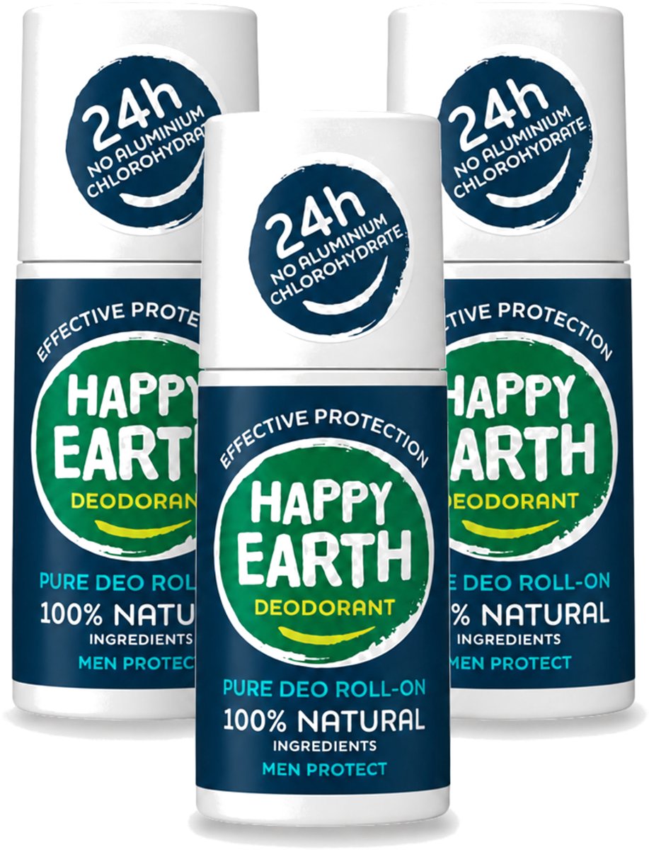 3 x Happy Earth – Deodorant Roll-On – 100% Natuurlijk Men Protect – 75 ml - Voordeelverpakking - 3 stuks