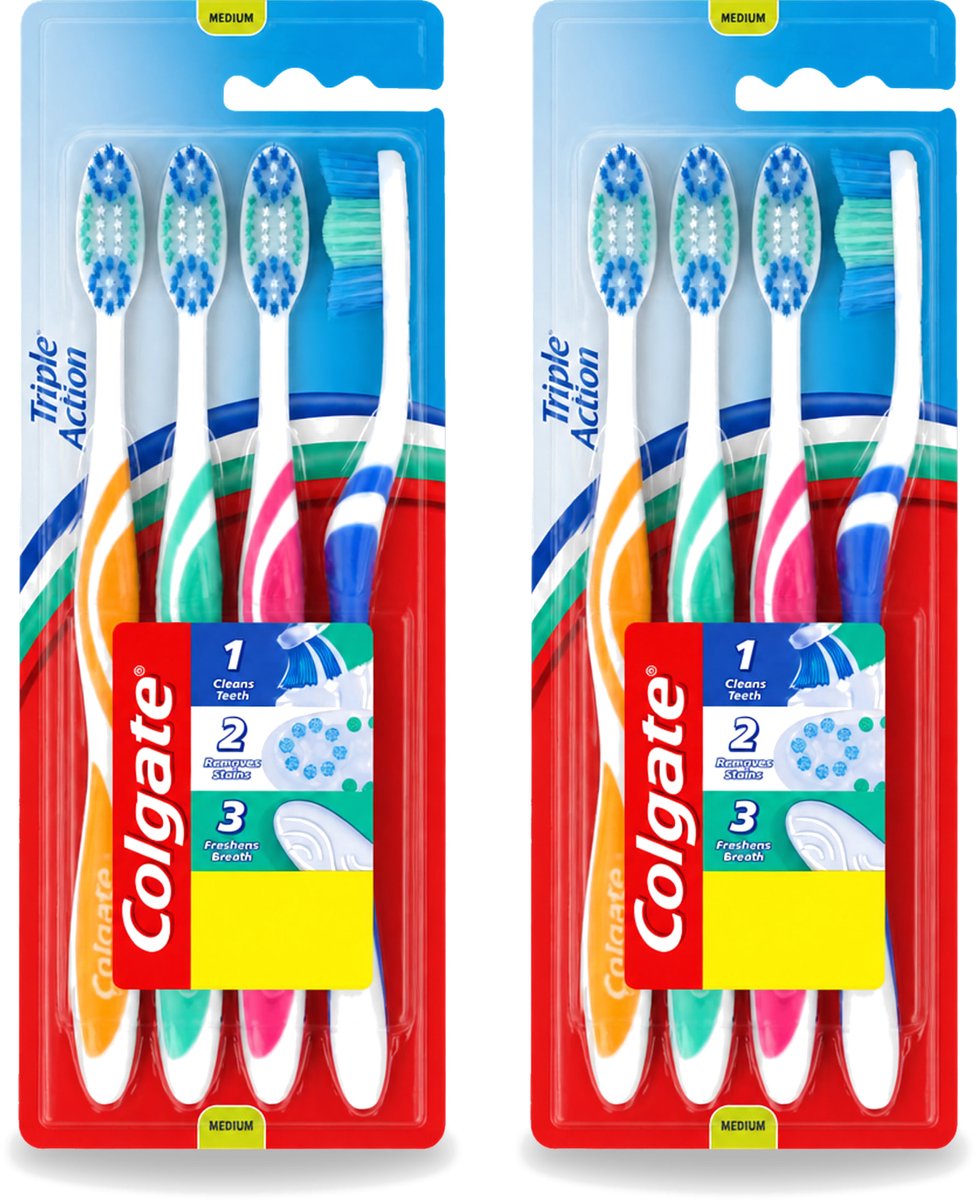 2 x Colgate - Tandenborstels - Triple Action - Medium - 4 borstels - Voordeelverpakking - 2 stuks