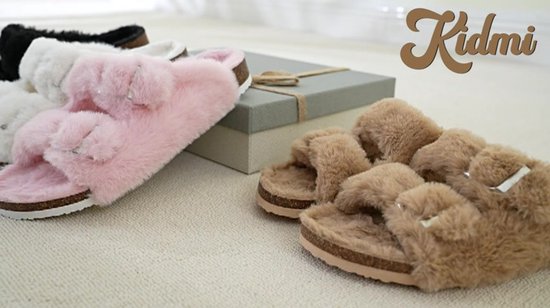 Dames slippers – nep konijnenvacht pluche slippers – comfortabele sloffen – kurken inlegzool – zwart – 38 - Geschikt voor voeten van 23,7 cm