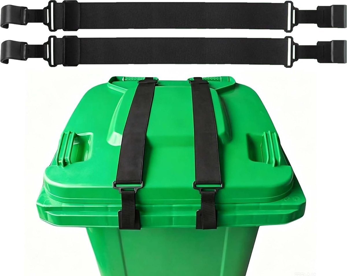 2 Stuks Afvalcontainer Sealing Tapes 75-153 cm Verstelbare Dubbele Haak Sluiting voor Dierenbescherming tegen Wind, Geschikt voor Tuin, Buiten en Dieren zoals Raccoons, Honden en Katten