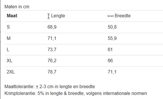 Maattabel in cm met lengte en breedte voor maten S tot 2XL. Tolerantie: 2-3 cm lengte/breedte, 5% krimp.