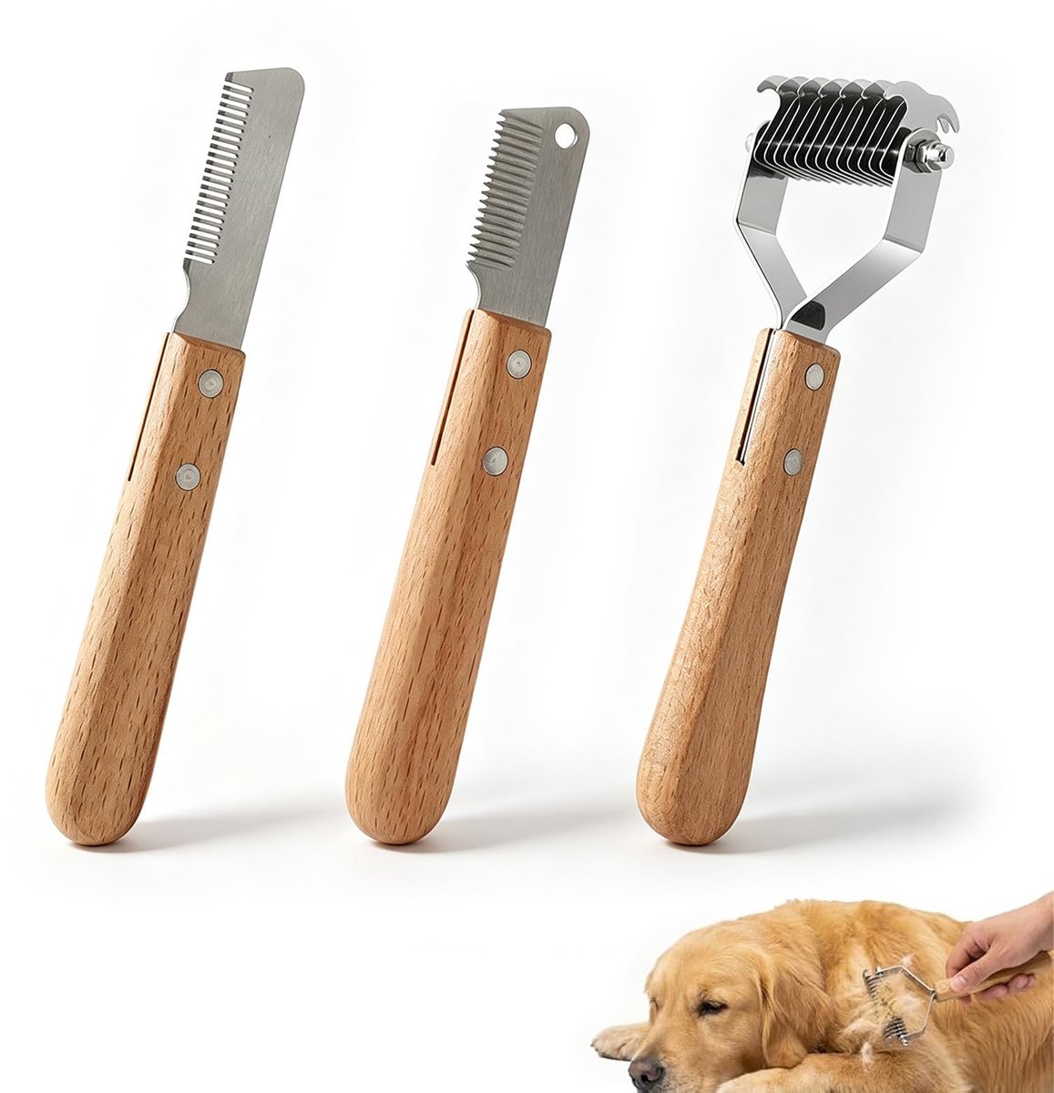 Quorumsg 3 stuks trimmessen voor honden met houten handvat, grove trimkam voor honden, trimkam voor honden en katten - ShopVlot