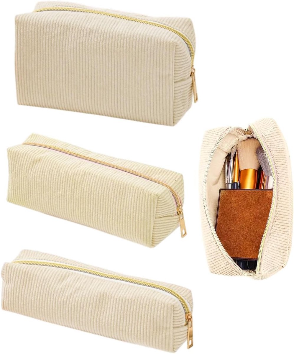 Set van 3 kleine make-up tassen voor dames, multifunctionele reisorganizer met rits, ideaal voor cosmetica en accessoires in crèmekleur.