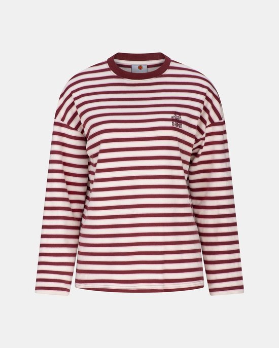 Langarmshirt met bordeauxrode en witte strepen en een klein logo op de borst.