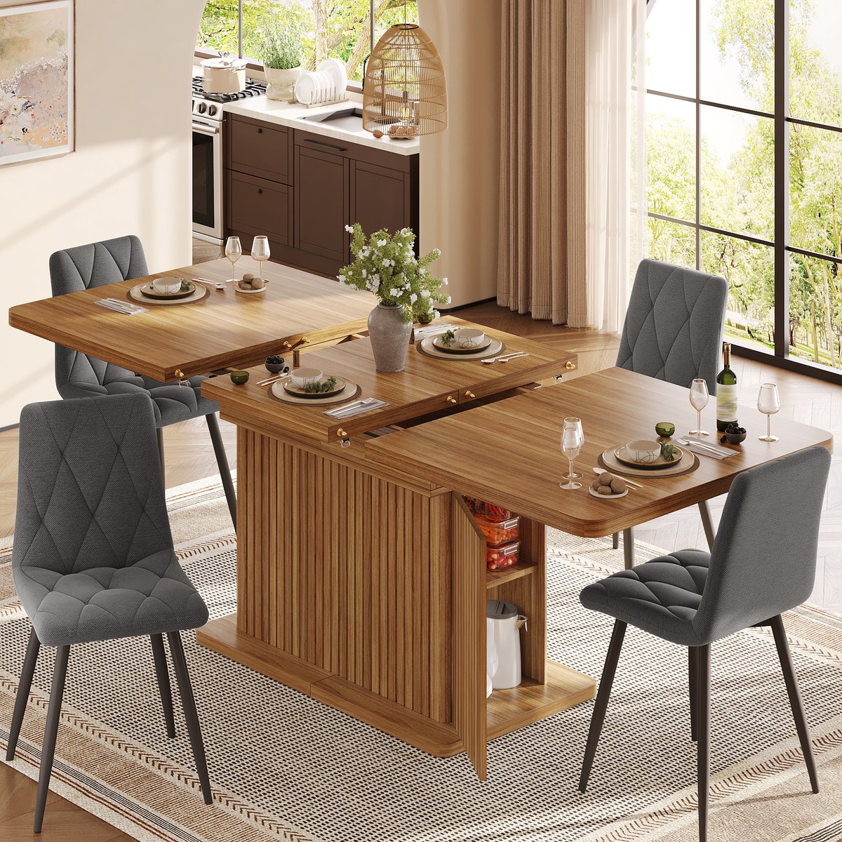 MIVRAY Uitschuifbare Eettafel - Opklapbaar Blad Met Verborgen Opbergruimte - Voor Eetkamer - MDF En Metaal - 120-160x80x76 Cm - Bruin