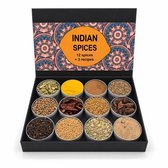 Indiase Kruidenbox (Masala Dabba) - 12 Kruiden + Indiase Recepten - Indiase Gerechten en Specerijen - Geschenkdoos - Koken - Kruidenpotjes - Keuken en Bakken Cadeau - TeaSalt&Spices
