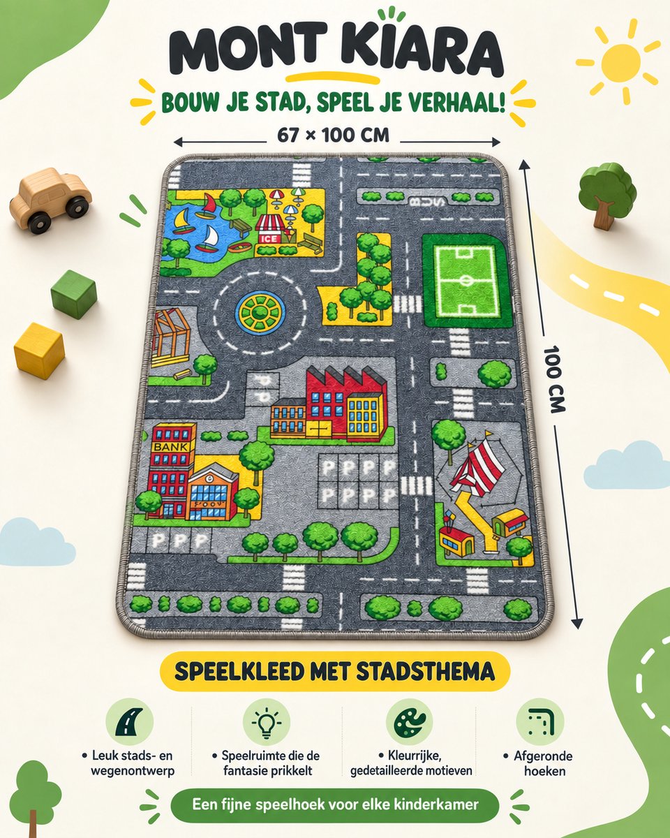 Mont Kiara Stadsavontuur Speelmat 67 × 100 cm – Speelkleed met Wegen voor Kinderen