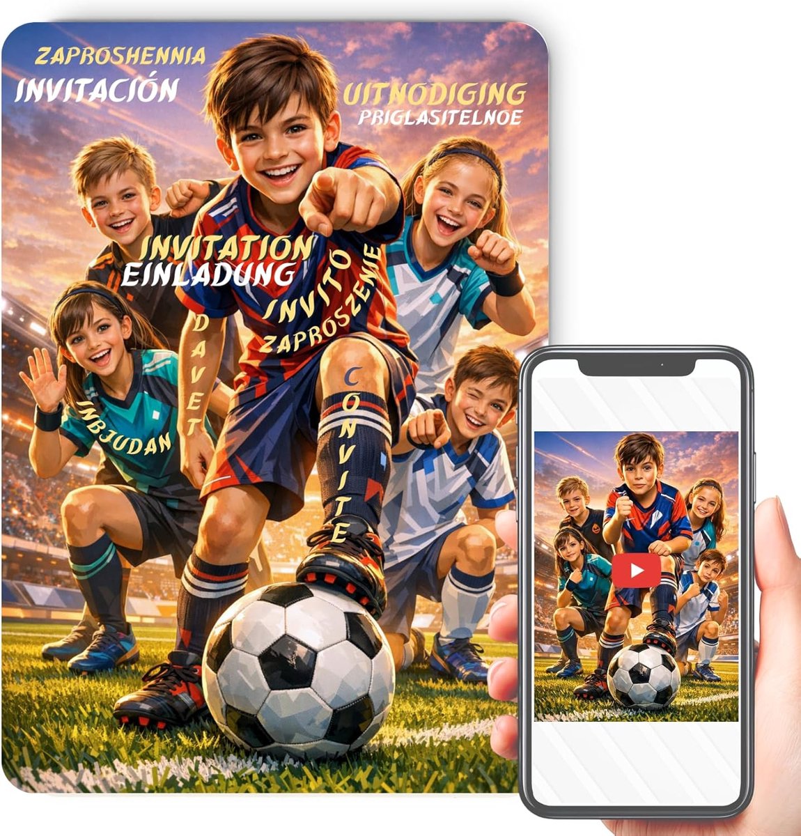 SnelShoppen - WOW-Effect Voetbal Uitnodigingskaarten met AR Video Animatie - 12 Voorgeprinte Soccer Party Kaarten voor Jongens, Meisjes, Verjaardag, F