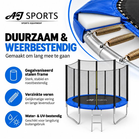 Close-up van de AJ-Sports trampoline met blauwe rand, veren en tekst over duurzaamheid.