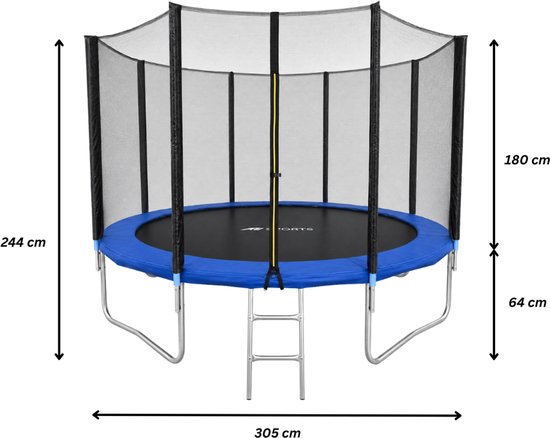 AJ-Sports trampoline met afmetingen: 305 cm breed, 180 cm hoog, 64 cm springvlakhoogte.