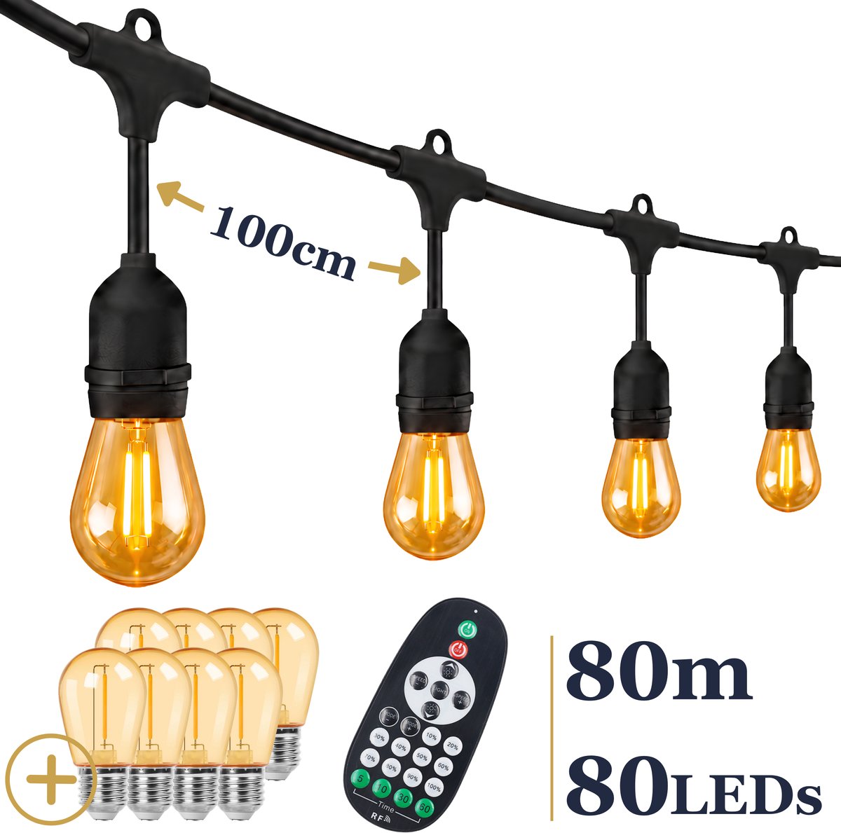 Odaily S14 Lichtsnoer 80m - 80 LEDs Amber - IP65 - Extra Warm Wit Licht - Dimbaar - Premium Kwaliteit