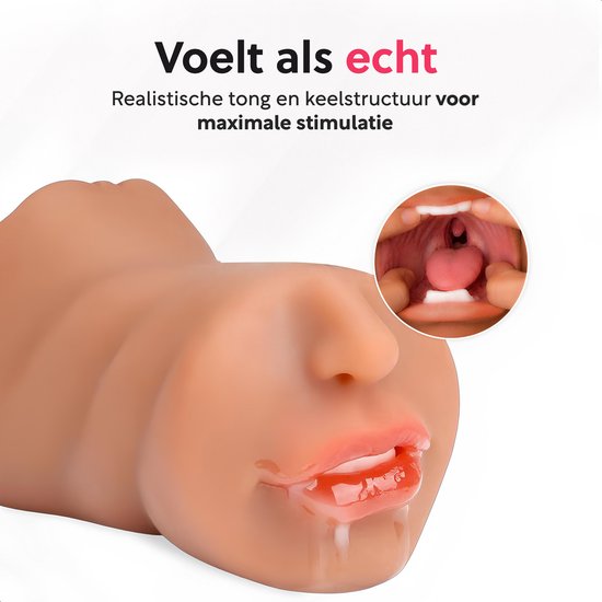 Realistische tong en keelstructuur voor maximale stimulatie. Natte, roze lippen en druipend speeksel.