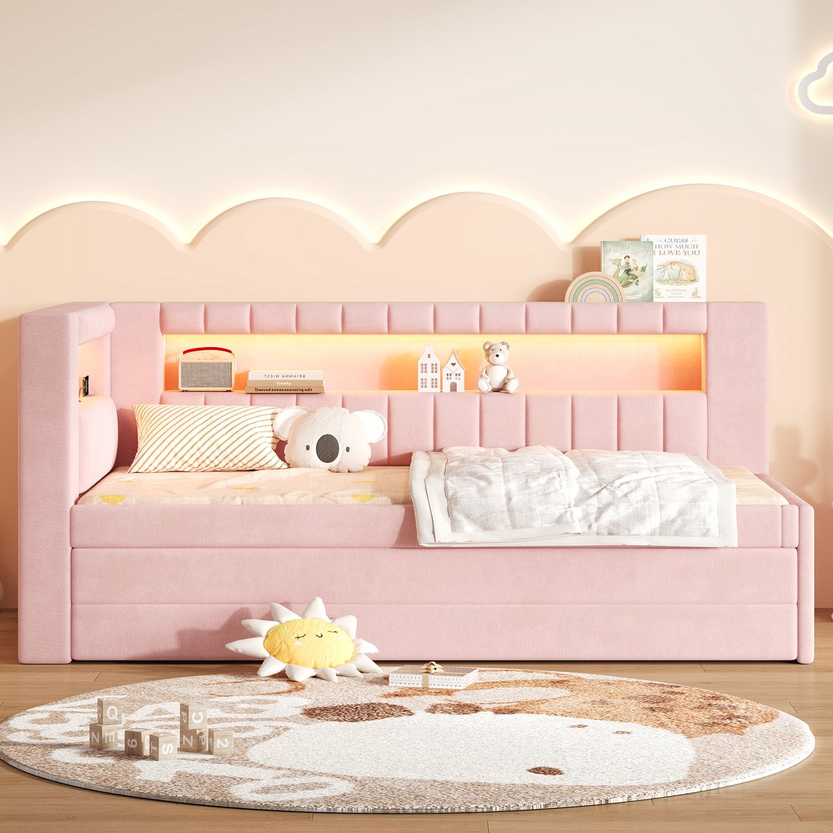 DESMIU Bedbank 90x200 cm – Gestoffeerd Dagbed Met Ledverlichting En Usb Aansluitingen – Uitschuifbed Met 3 Lades – Roze – Zonder Matras