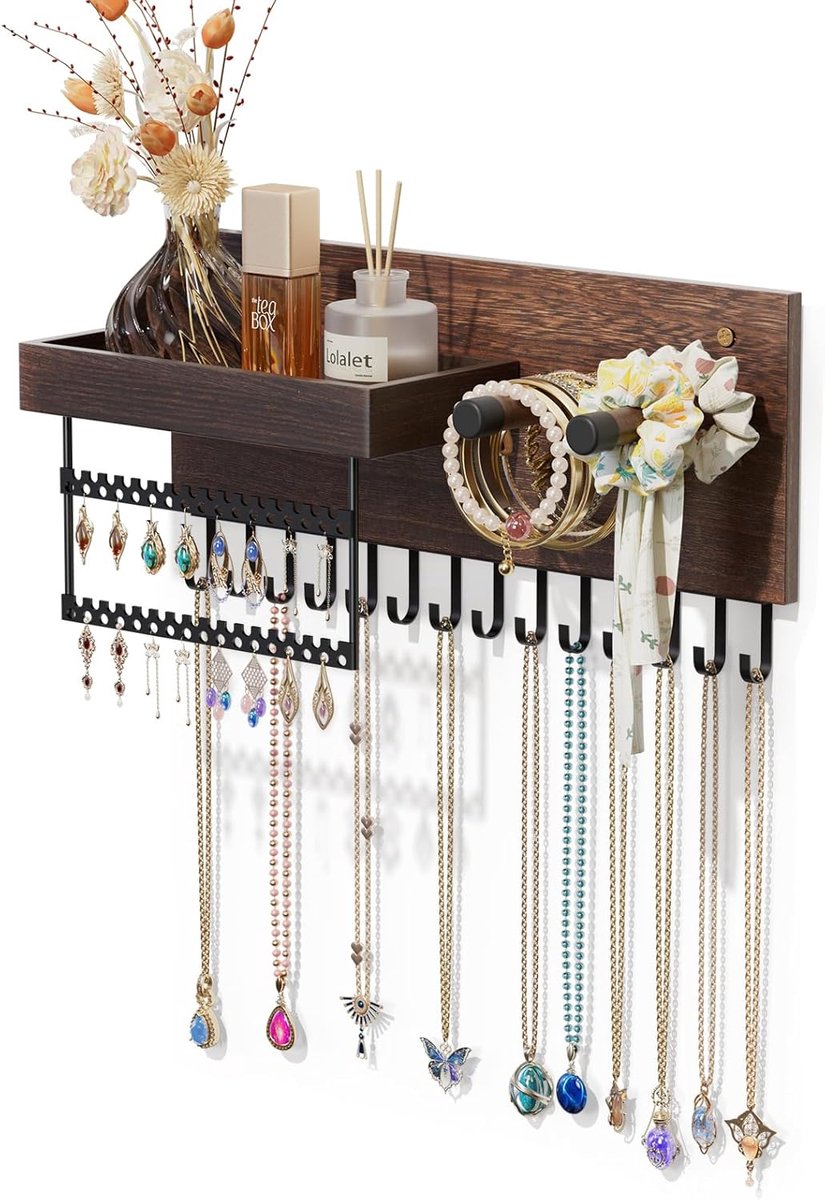 Lolalet Wall Mounted Hanging Jewelry Organizer, 15 Hooks Wooden Chains Holder with Storage Shelf, Easy to Install - ShopVlot