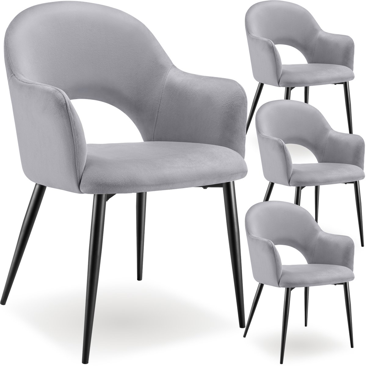 Tectake Set van 4 Eetkamerstoelen Sachel - Fluweellook Gestoffeerde Fauteuils - Keukenstoel - Ergonomische Stoelen voor Woonkamer en Keuken - Eetkamerstoel met Armleuning - 120 kg Draagkracht per Stoel - Lichtgrijs