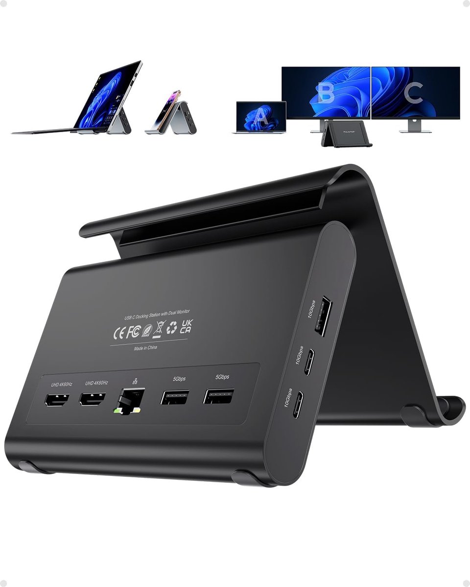 Laptop docking station dual monitor 4K@60Hz - 3*USB-C/A 10Gbps - Plug & Play - ideaal voor multitasking - ShopVlot
