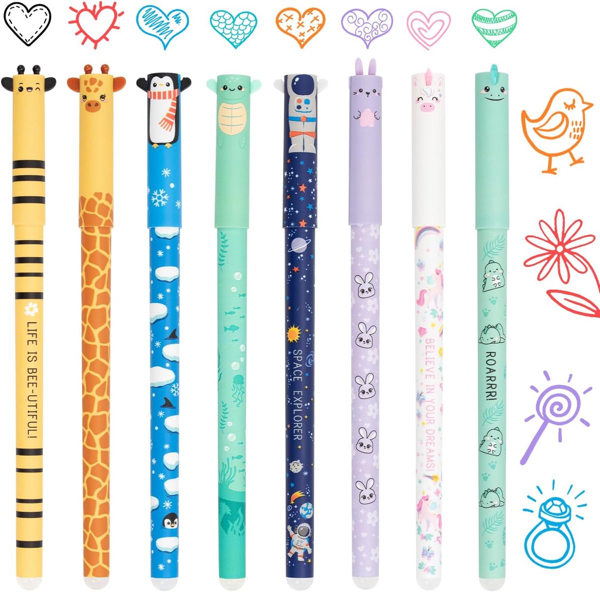 SnelShoppen - Set van 8 Erasable Gelpennen met Dierlijke Motieven, 0.5 mm Fijne Punt, Schrijf- en Tekenpennen voor School en Kantoor, Meerdere Kleuren