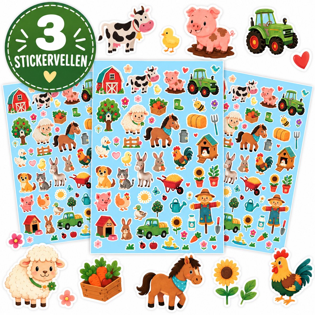 Boerderij Stickers - 3 Stickervellen - Stickers Kinderen - Boerderijdieren Speelgoed