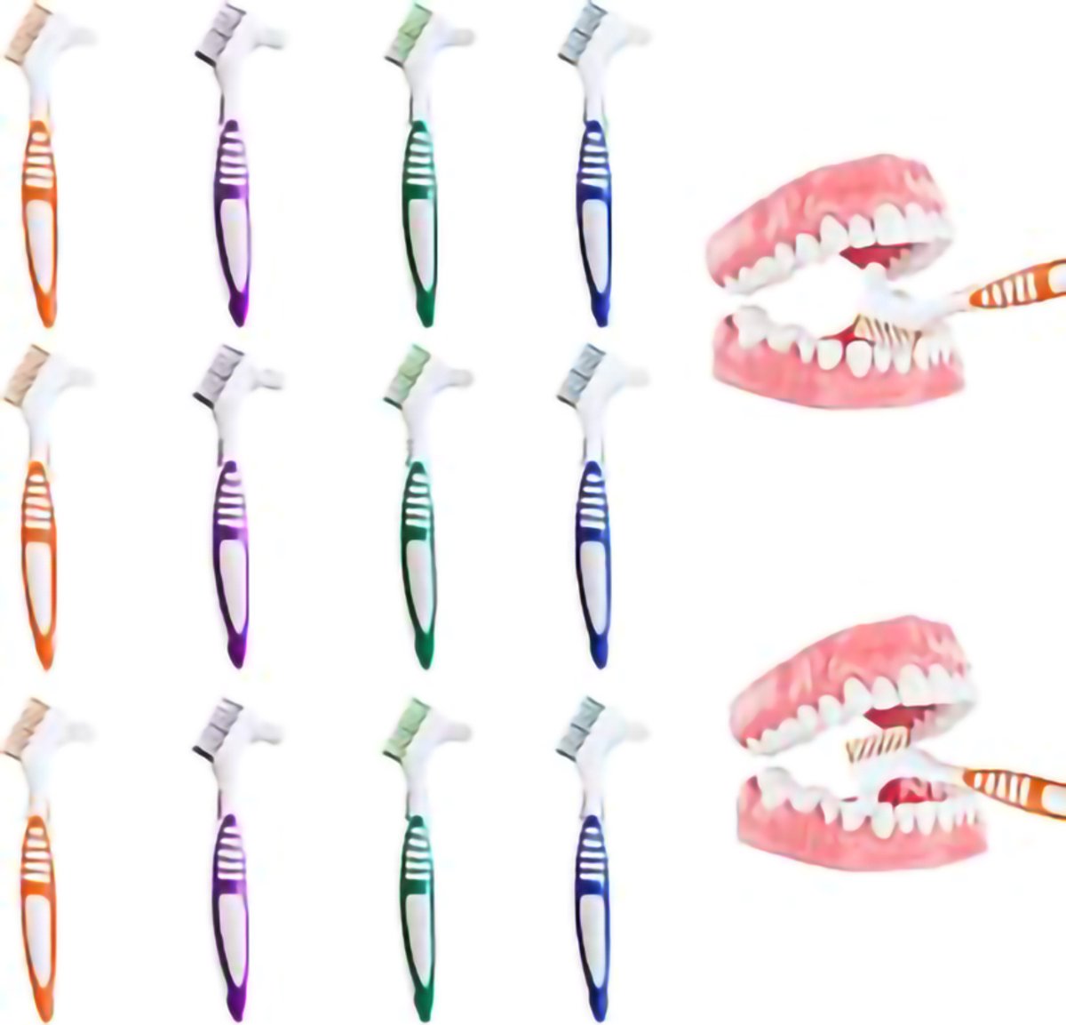 12 Stuks Protheseborstel - Dubbele Tandenborstel - Dentuurreinigingsborstels - Tandenborstel - Draagbaar - Duurzaam - Geschikt voor Kunstgebit, Nachtbeugel & Mondstuk - 4 kleuren