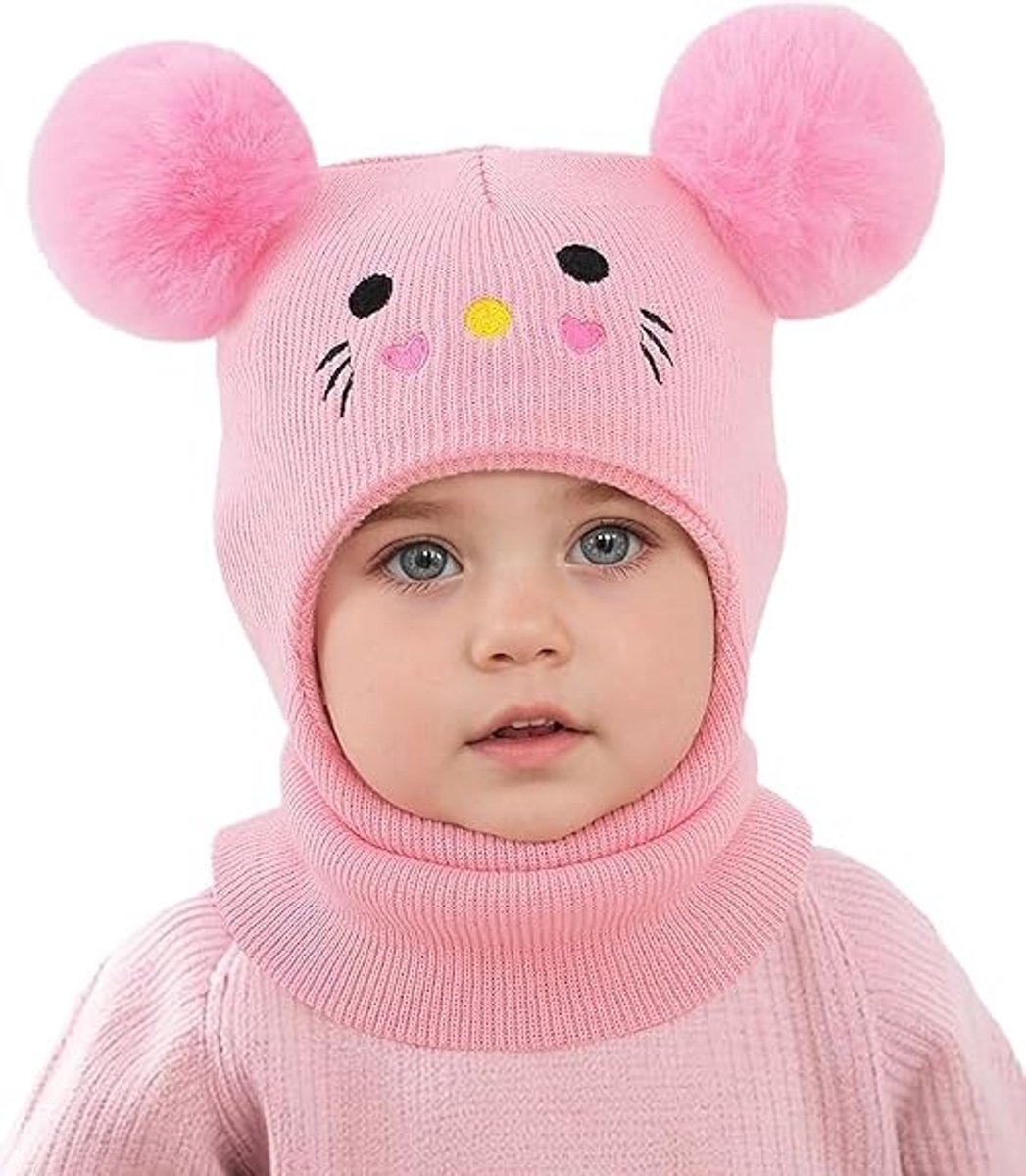 Bivakmuts kind - Babymuts winter - Warme sjaalmuts - Gebreide muts met pompons - Winddichte hoofdbescherming - Voor buitenactiviteiten - Geschikt voor skiën - Roze - 6 maanden - Tot 6 jaar