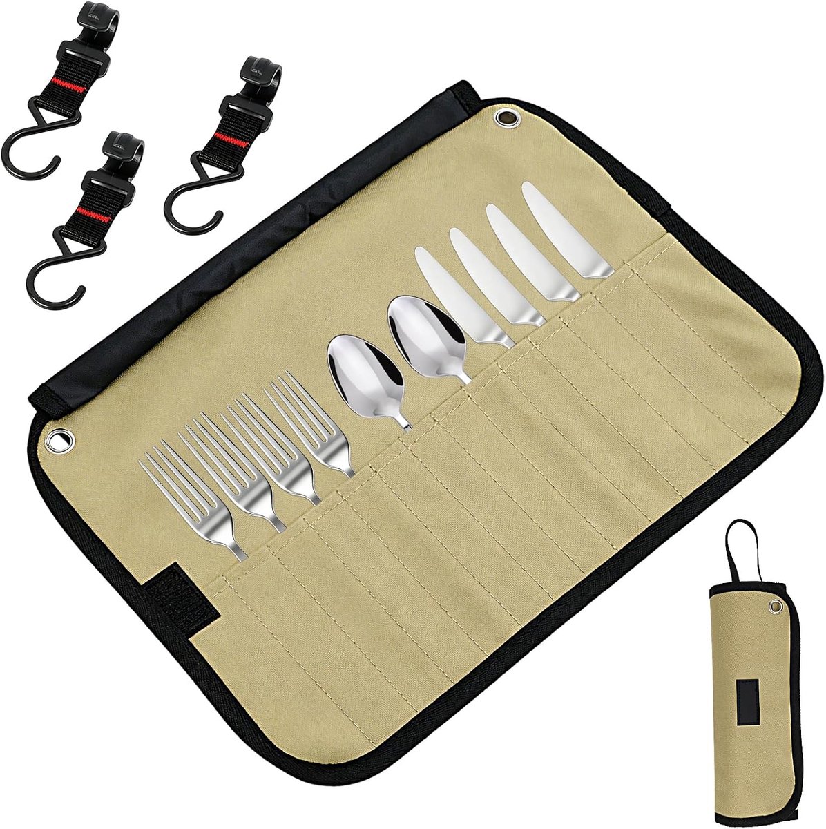 Bestektas camping oprolbaar - Bestek organizer voor reizen - Bestekzak met dertien vakken - Opbergtas voor kookgerei - Waterafstotend canvas weefsel - Drie stevige ophanghaken - Beige - 25 x 9 cm