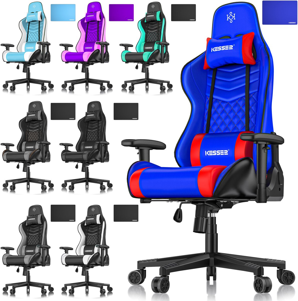 KESSER® Gamingstoel - ergonomisch met hoofdsteun en lendenkussen - 150 kg belastbaar - zwart/grijs