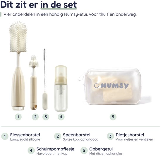 Numsy Flessenborstel Set met Schuimpomp - 4-delig - Siliconen Flessenborstel, Speenborstel en Rietjesborstel — afbeelding 5
