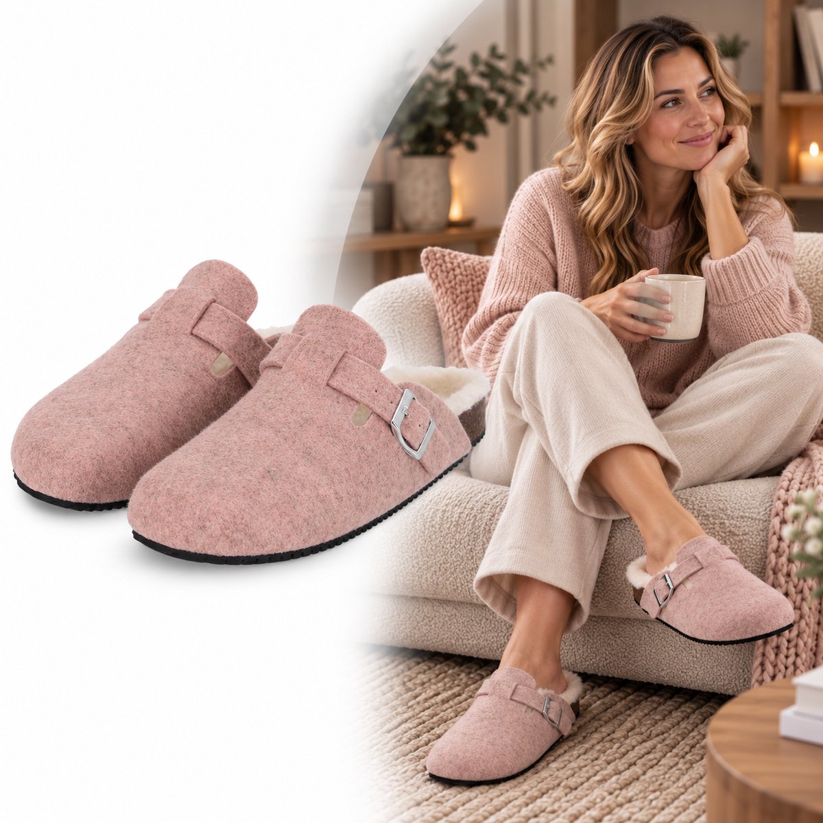 Heat Essentials - Sloffen Dames - Vilt - Gesp - Roze - Maat 39 40 - Pantoffels Dames -Instap Sloffen Dames - Boston Sloffen