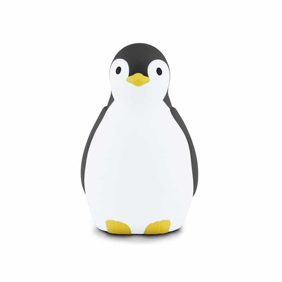 Een zwart-witte pinguïnlamp met gele snavel en poten.