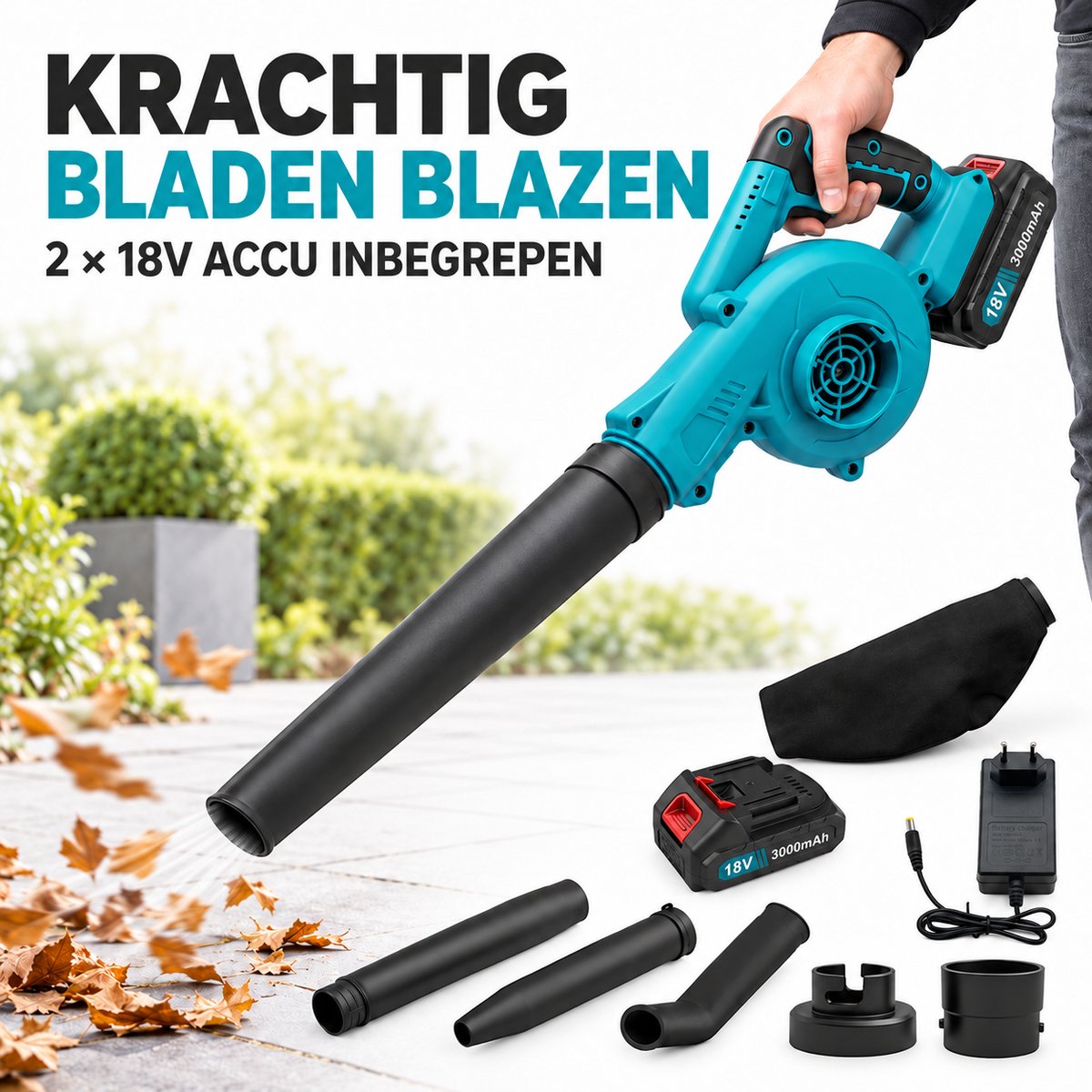 Accu Bladblazer en Stofzuiger 2-in-1 – 18V Luchtblazer met 2× 3000mAh Accu – Inclusief Opvangzak, Oplader en Mondstukken – Voor Tuin, Auto en Werkplaats