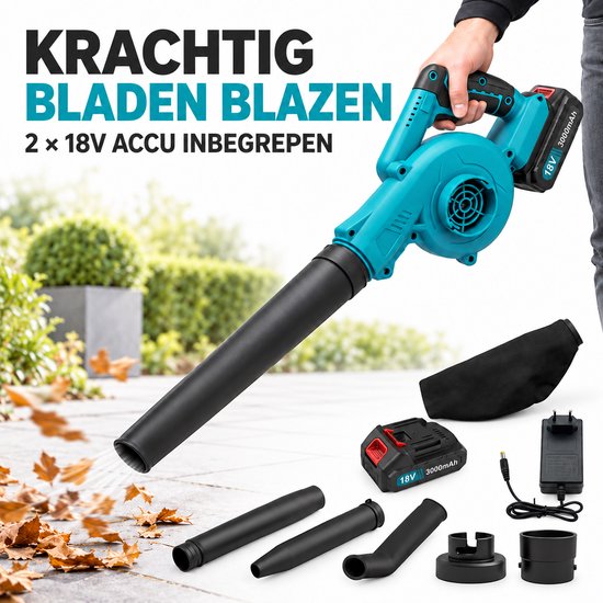 Turquoise bladblazer met zwarte accessoires, batterijen en oplader. "Krachtig blazen".