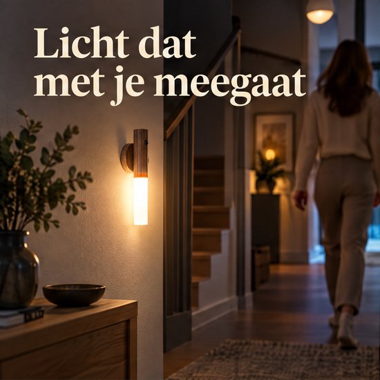Cheqo® Nachtlampje met Bewegingssensor - Draadloze Wandlamp - LED Nachtlamp - USB Oplaadbaar - Magnetisch - Sensor Lampje - Muurlamp Binnen - Trapverlichting - Kastverlichting - Bedlamp voor Slaapkamer en Kinderkamer - Warm Wit - Houten Wandlamp van Cheqo® — afbeelding 2