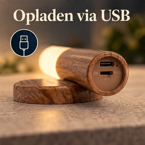 Cheqo® Nachtlampje met Bewegingssensor - Draadloze Wandlamp - LED Nachtlamp - USB Oplaadbaar - Magnetisch - Sensor Lampje - Muurlamp Binnen - Trapverlichting - Kastverlichting - Bedlamp voor Slaapkamer en Kinderkamer - Warm Wit - Houten Wandlamp van Cheqo® — afbeelding 5