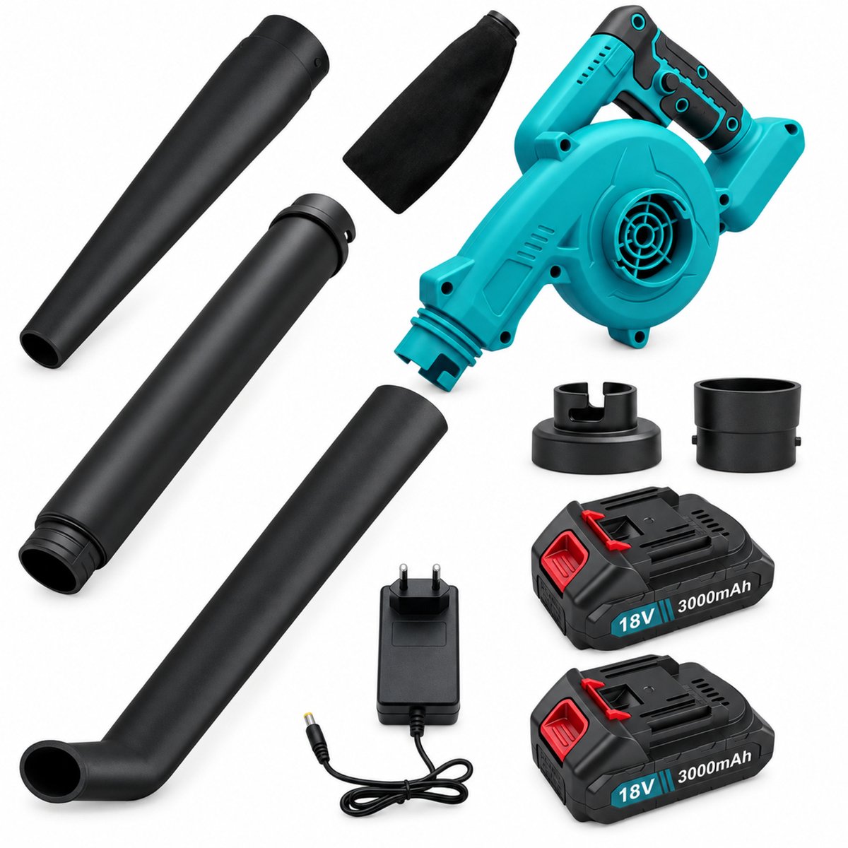 Accu Bladblazer en Stofzuiger 2-in-1 – 18V Luchtblazer met 2× 3000mAh Accu – Inclusief Opvangzak, Oplader en Mondstukken – Voor Tuin, Auto en Werkplaats – foto 8