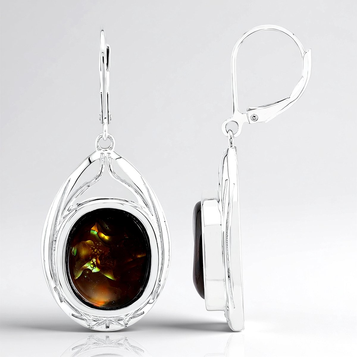 Cavill - zilveren oorbellen met Mexicaanse vuuragaat 11,41 ct - 925 sterling zilver gerhodineerd - elegante 40 mm fancy cabochon oorbellen
