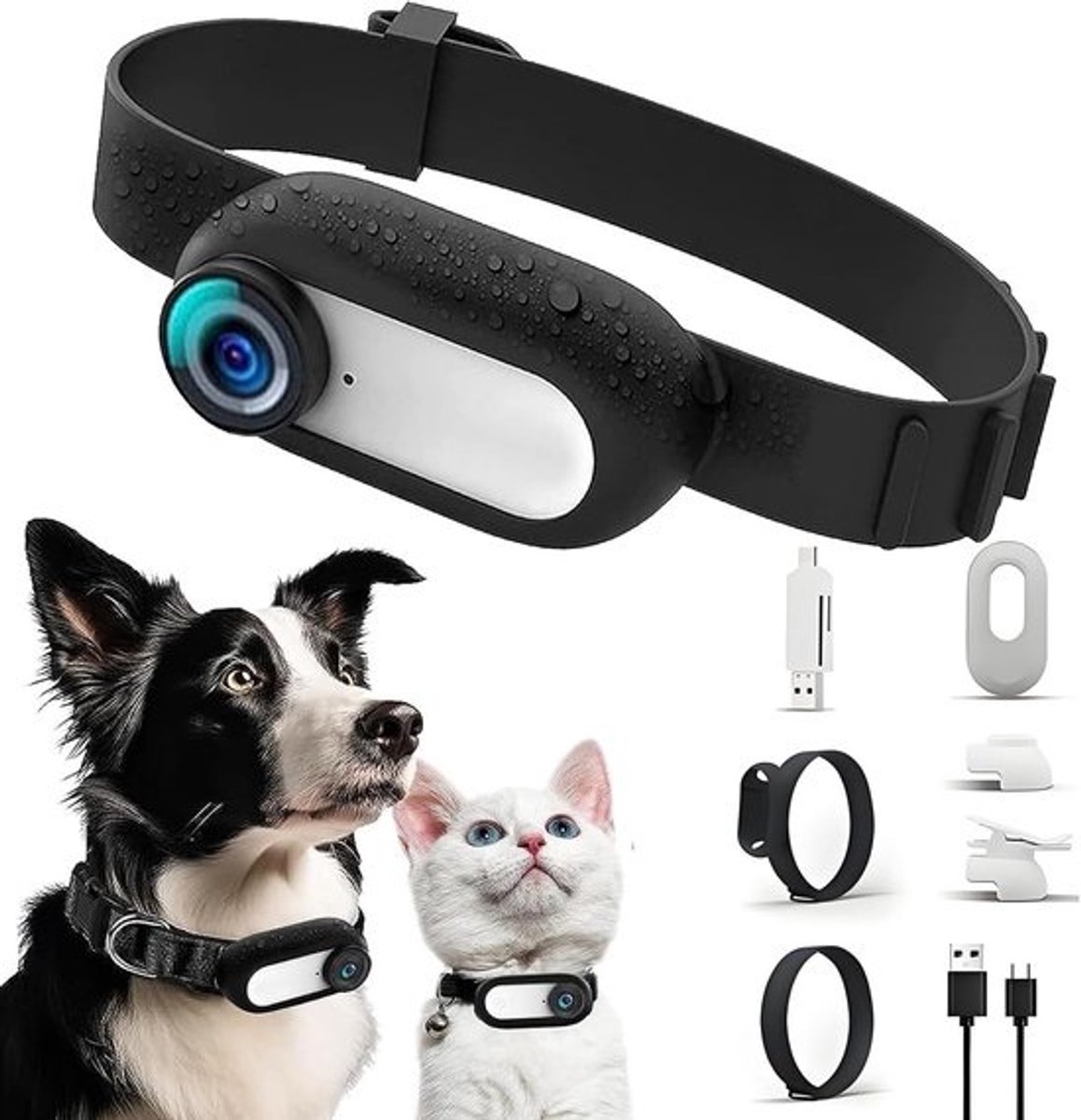 Dailygoods - Kattencamerahalsband - HD 1080P - USB-oplaadbaar - Mini-halsbandcamera - Draadloze verbinding - Voor honden en katten
