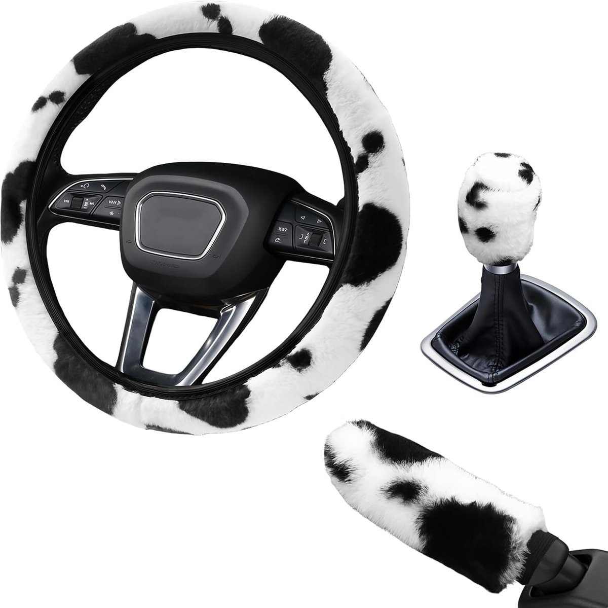 Stuurwielcover 38cm - Zachte Pluche - Koeienprint - Antislip Grip voor Comfortabel Rijden - ShopVlot