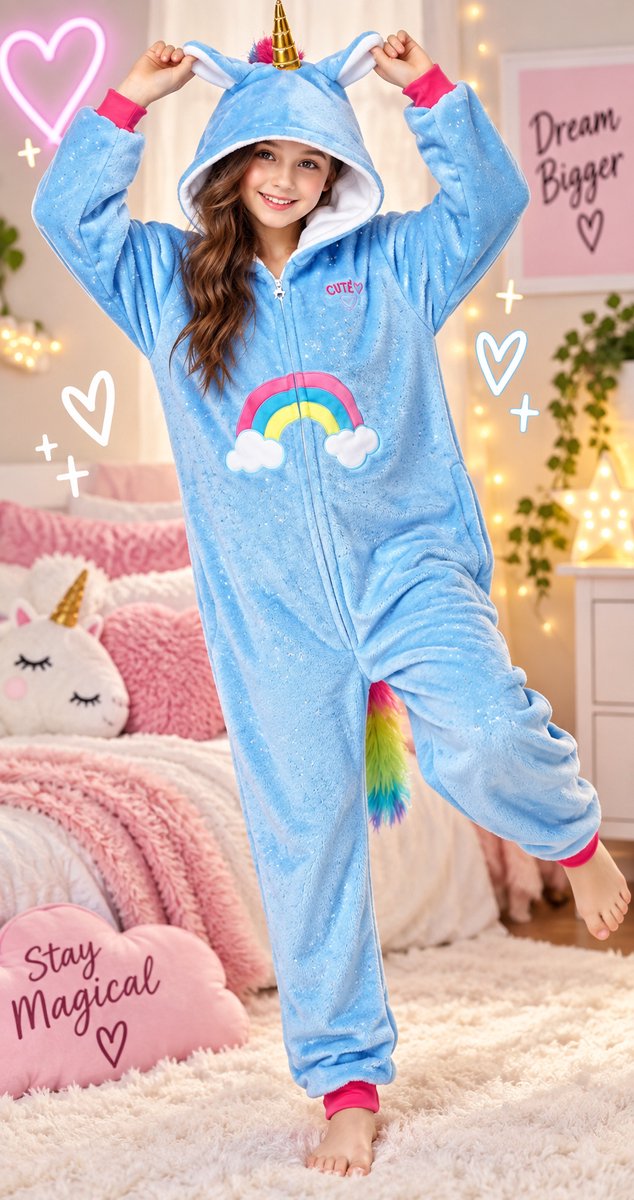 Unicorn Onesie voor Kinderen – Zachte Eenhoorn Pyjama – Blauw met Regenboog – Verkleedpak & Huispak -130 cm