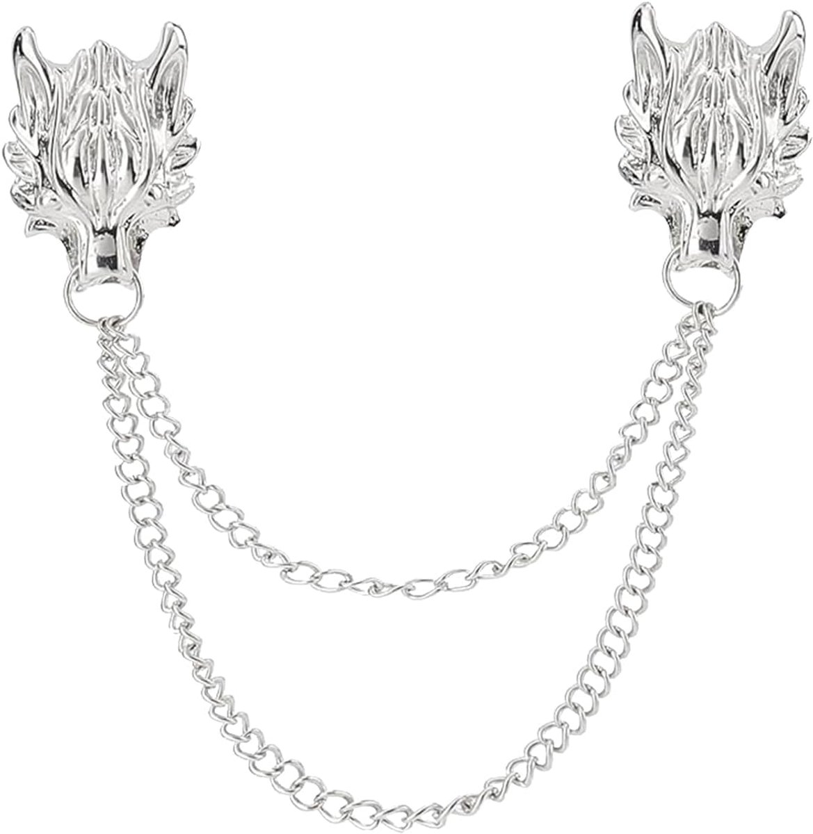 2 Pieces Wolf Head Brooch Long Chain Lapel Brooch for Men Collar Chain Tassel Brooch Coat Dress Decoration Accessories - ShopVlot
