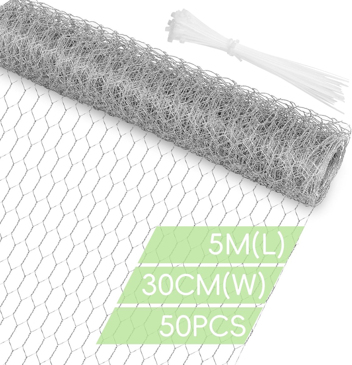 Flintronic Kippengaas, 30 cm x 5 m kippengaas rol, gegalvaniseerde zeshoekige draadomheining met 50 kabelbinders - ShopVlot