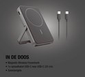 Een donkergrijze magnetische powerbank met ingeklapt standaardje, met twee USB-C kabels ernaast. Tekst: IN DE DOOS.