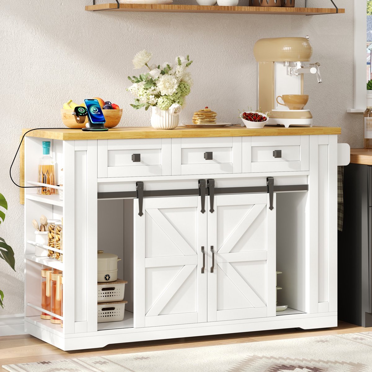 MIVRAY Keukeneiland - Uitklapbaar Werkblad Met Stopcontacten - Mobiele Opbergruimte Voor Keuken - MDF - 130x80x87 Cm - Wit Naturel