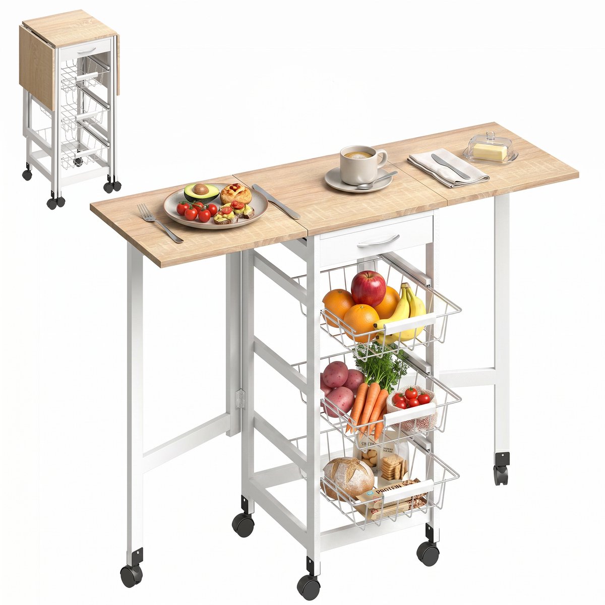 Keukenwagen - Mobiele opbergwagen met praktische vakken voor keuken, badkamer en woonkamer - model 112